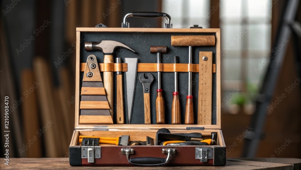 Poster Medium closeup showcasing a carpenters toolbox open with an assortment of tools like saws hammers and squares background blurred to emphasize the tools craftsmanship.