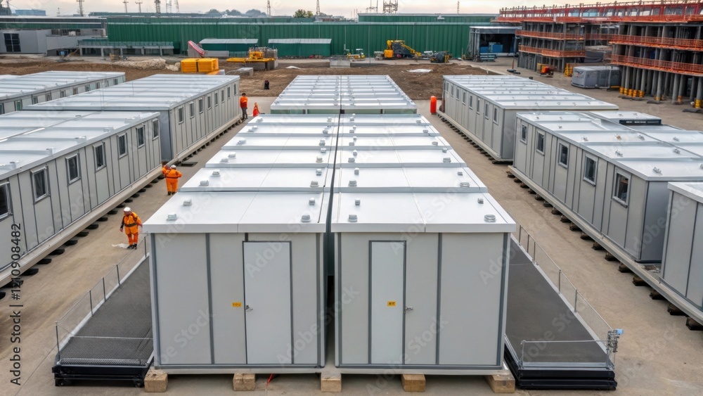Poster Prefabricated Modules A section of a construction site showcasing prefabricated modules ready to be installed illustrating how offsite construction ods can significantly reduce