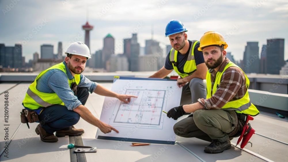 Poster Multiple workers collaborate on the rooftop captured in a medium closeup that showcases teamwork with one pointing to a diagram and others prepared with tools.