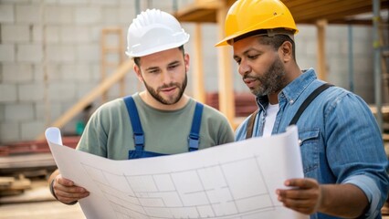 Medium closeup showing two workers engaged in a discussion over blueprints with one gesturing animatedly and the other listening intently highlighting collaboration on site.