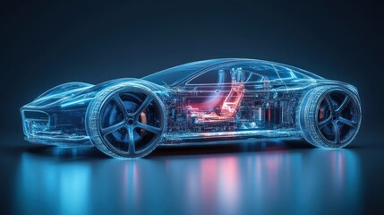Naklejka premium Futuristic Electric Car Chassis X-Ray Illustration Showcasing Battery and Mechanisms in a Studio Environment