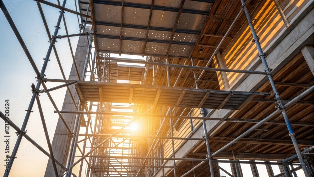 Aufkleber Scaffolding made from recycled steel supports a building structure as sunlight filters through highlighting the use of innovative lowcarbon construction techniques.