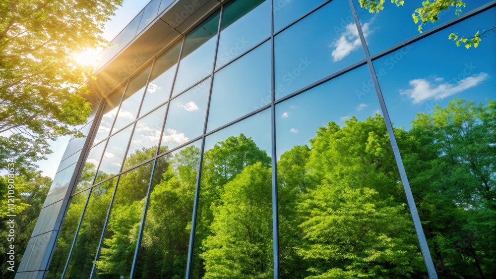Poster sunlight glints off the polished surface of the glass facade casting vibrant reflections of the lush
