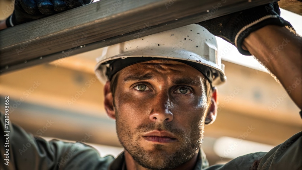 Poster The camera zooms in on a workers face sweat beading on his forehead as he adjusts a beam overhead highlighting the intensity and physical demands of the task.