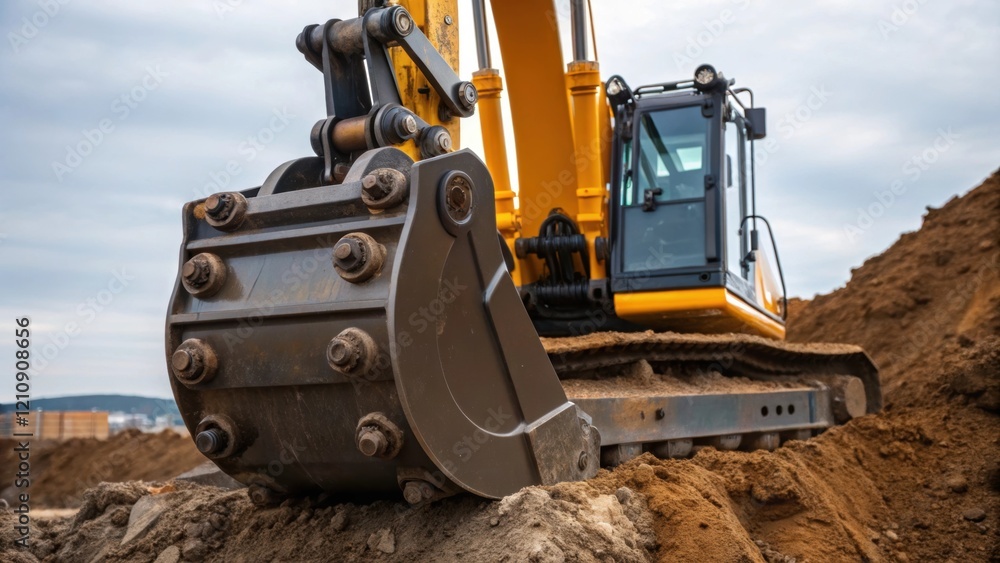 Aufkleber The excavators rotating turret is captured in a closeup showcasing the sophisticated mechanics as it pivots smoothly while digging. The interaction between machine and earth