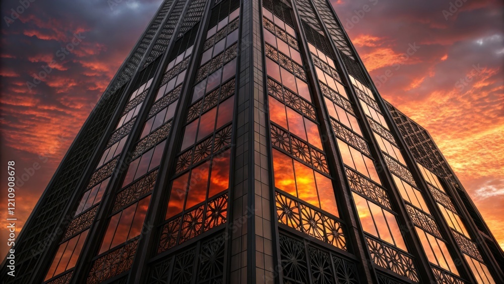 Poster The dramatic outline of the skyscraper features intricate window patterns etched in darkness with the fiery hues of the sunset reflecting off the glass panes creating a