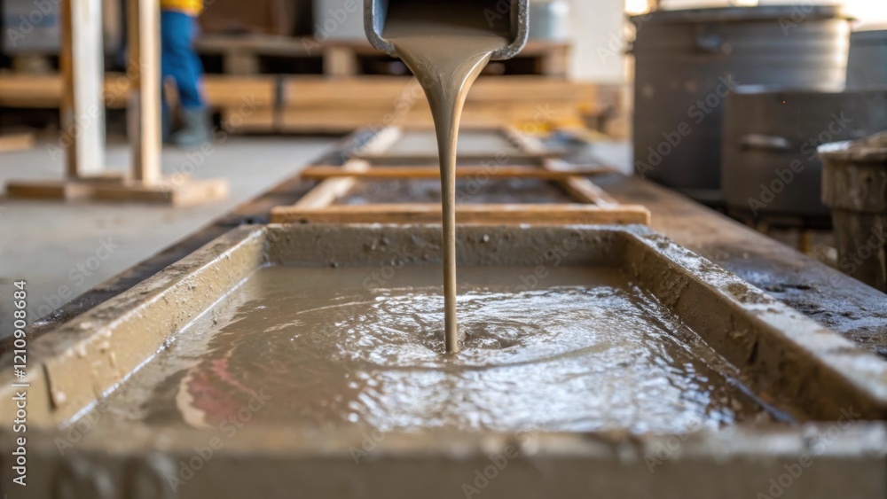 Poster the image captures a medium closeup of concrete pouring into a mold with the surrounding tools and e