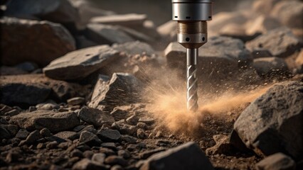 The camera zooms in on a drill bit breaking through rocky terrain spray of dirt erupting as it powers through to install a new geothermal loop capturing the intensity of the