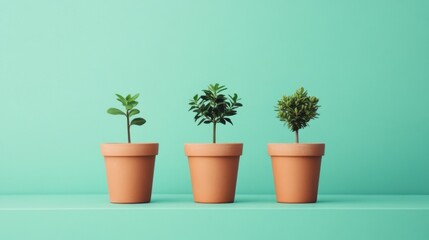 Fototapeta premium Three potted plants of varying sizes on a mint green shelf.
