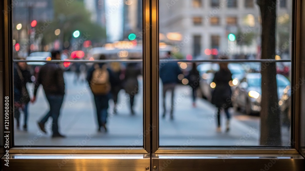 Poster the reflection of a bustling city life in a shiny window pane showcasing blurred figures of people w