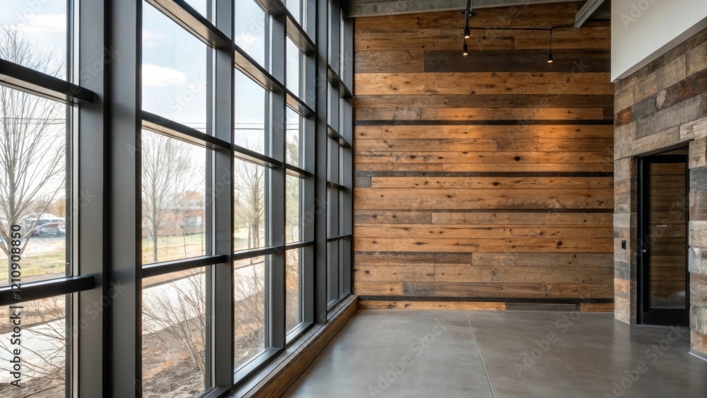 Poster The texture of reclaimed wood paneling is juxtaposed with the sleek finish of steel window frames reflecting natural light and creating a dynamic interplay of materials in the