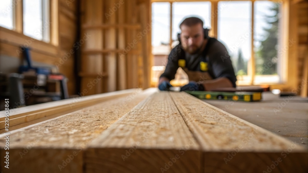 Aufkleber The textured surface of raw lumber fills the frame illuminated by natural light while a carpenter in the background utilizes a level to ensure the studs are perfectly aligned in