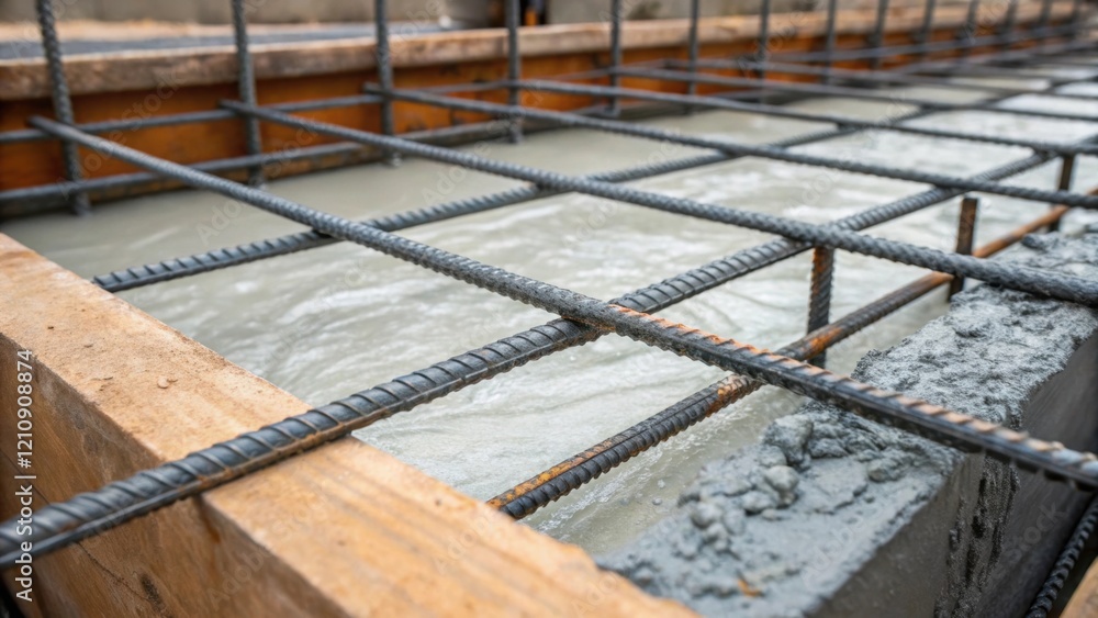 Aufkleber This medium closeup depicts the moment concrete begins to fill a rebarreinforced frame emphasizing the interplay of the strong metallic bars and the soft flowing concrete.