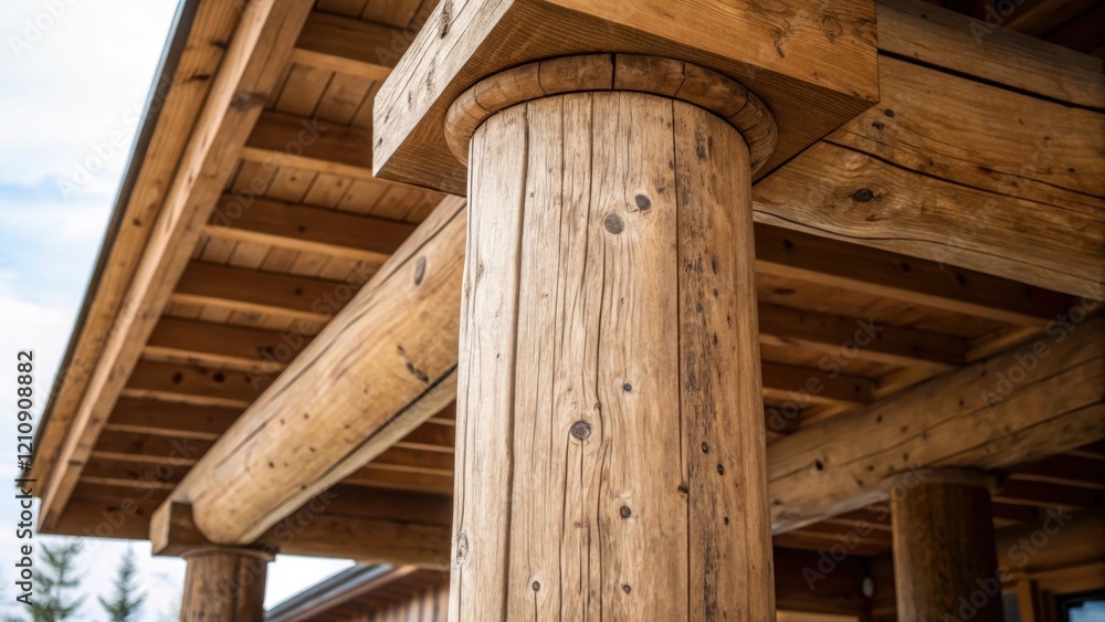 Poster Timber Columns A closeup of a robust timber column supporting an upper structure with visible knots and imperfections that add character. The grain flows vertically showcasing the