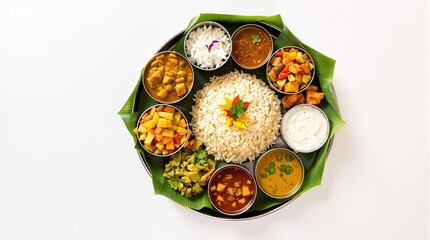 Colorful Traditional South Indian Thali with Fresh Curries and Rice on Banana Leaf