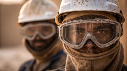 Fototapeta premium The workers face partially obscured by safety goggles with smudges of dirt on the lens