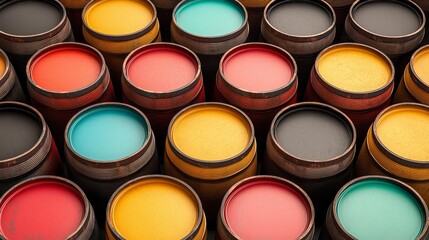 Neatly arranged colorful metal barrels with detailed textures, ideal for industrial-themed professional designs