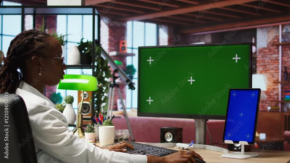Poster student at home browsing internet on isolated screen computer and tablet, doing homework. girl in ap