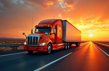 Large orange truck drives on highway at sunset. Road transportation on expressway. Sunset colors bright, warm. Truck moving fast. Landscape background dry, flat. Logistics, international cargo