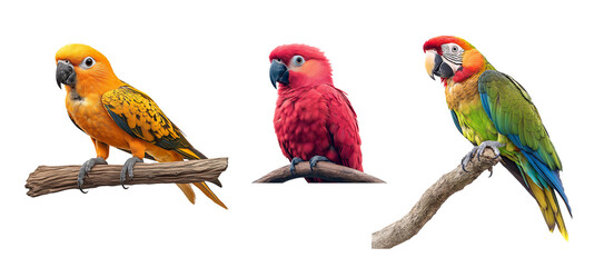 Colorful parrots perched on branches displaying vibrant plumage in a tropical setting