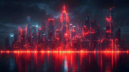 Futuristic Cityscape at Night: Red Neon Glow and Reflections on Water