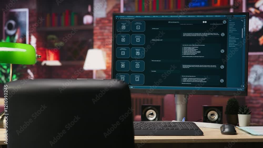 Fototapete AI LLM chatbot answering user prompts using predictive technology in home office. Computer setup in apartment workspace using large language model program with artificial intelligence, panning shot