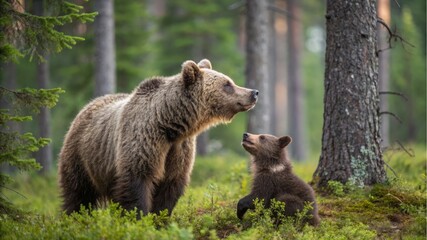 Obraz premium Mother bear nurturing her cub in lush forest wildlife photography serene environment nature's embrace