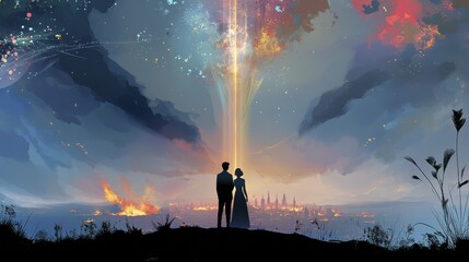 Fototapeta premium Silhouetted couple watching celestial sky and distant fire at dusk