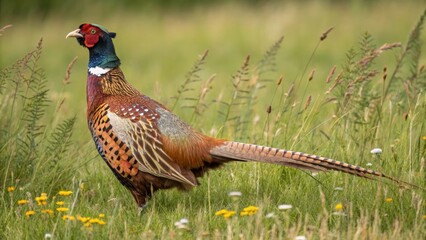 Pheasant displaying vibrant plumage meadow wildlife photography natural habitat ground level ornithology concept
