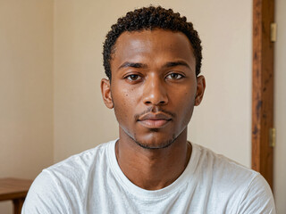 Retrato de un hombre afroamericano en el interior de una habitación vistiendo una camiseta blanca casual 