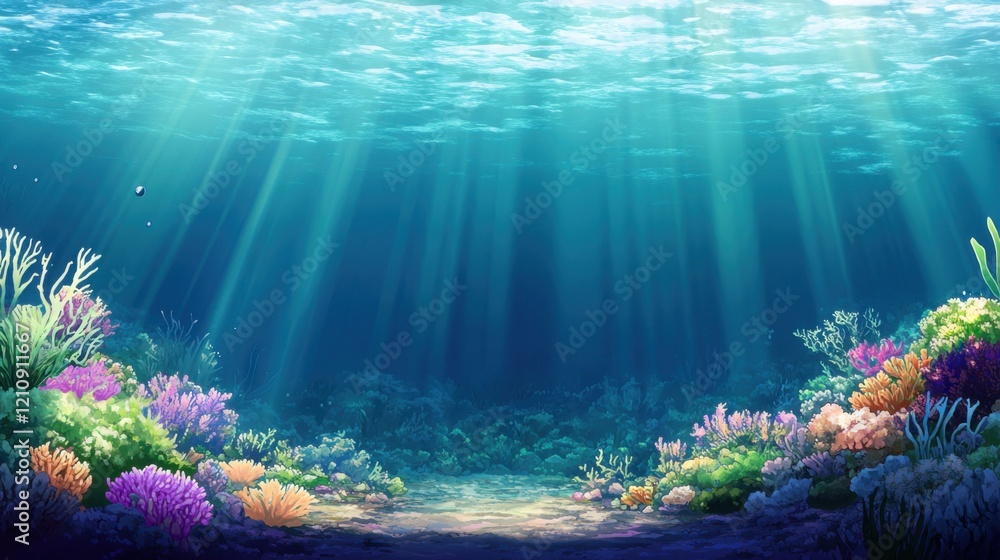 Poster underwater scene with elegant corals and rays of light tranquilly filtering through the crystal clea