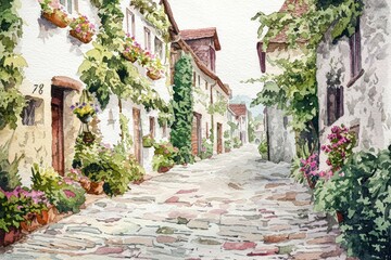 Fototapeta premium Watercolor illustrations quaint village streets lined with flower boxes and ivy-covered walls.