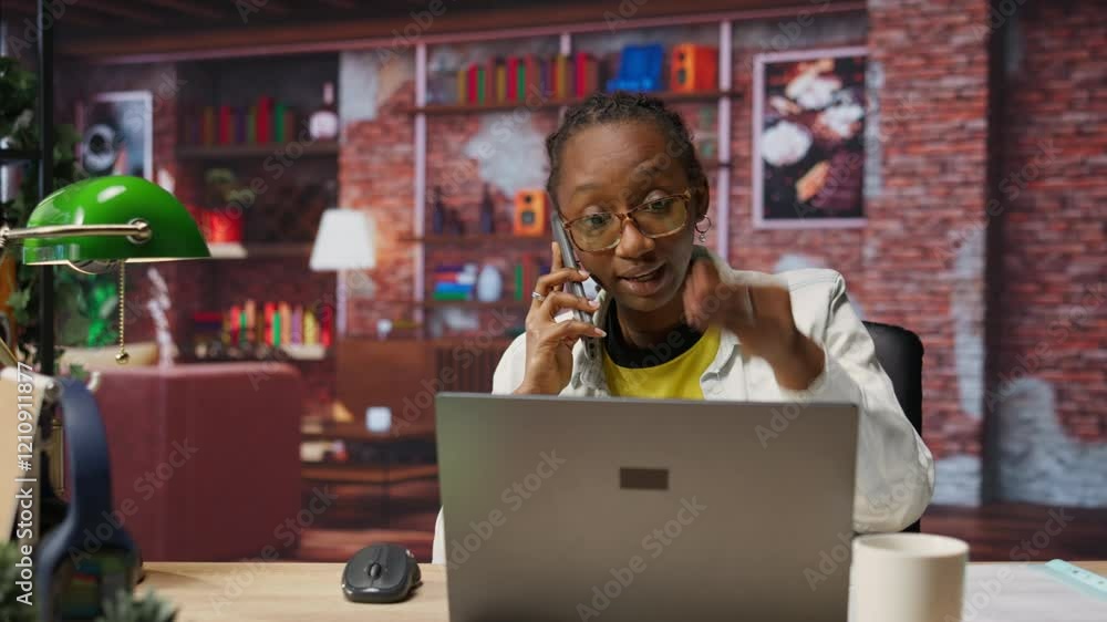 Poster manager in home office arguing with employee during phone call, looking at laptop. team leader scold