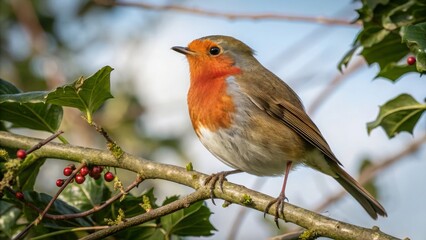 Vibrant robin bird perched on holly nature scene wildlife photography outdoor setting close-up view avian beauty