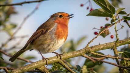 Singing robin bird on a branch nature scene wildlife photography outdoor environment close-up view avian life