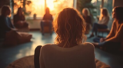 Back View of a Woman in Group Therapy Session in Cozy Room with Natural Light and Supportive Circle of Diverse Participants