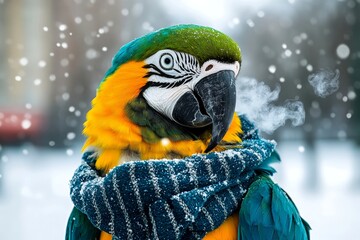 Humorous animals. Happy cute adult animal macaw in winter warm clothes, cold breath from nose and mouth in frosty breeze. Zoo animal welfare. Wild animal stories ads. Animal welfare fundraiser.