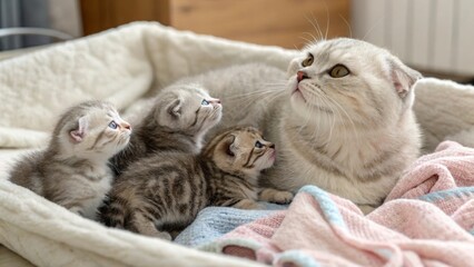 Nurturing scottish fold mother cat and her adorable kittens cozy home animal photography indoor warm atmosphere