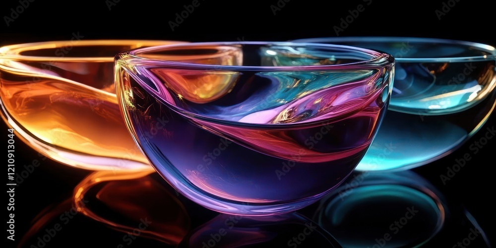 Poster hyper-realistic rendering of transparent glass bowls with vibrant liquid and soft backlighting