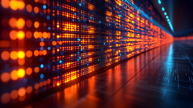 Abstract Digital Data Center Server Room with Glowing Network Technology and Information Processing