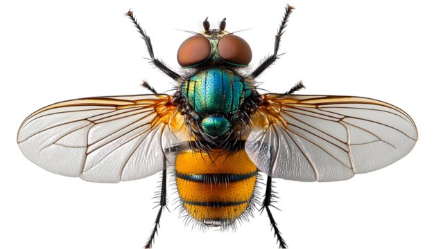 A yellow and black wasp is standing on a white background. The wasp is large and has a black and yellow striped body