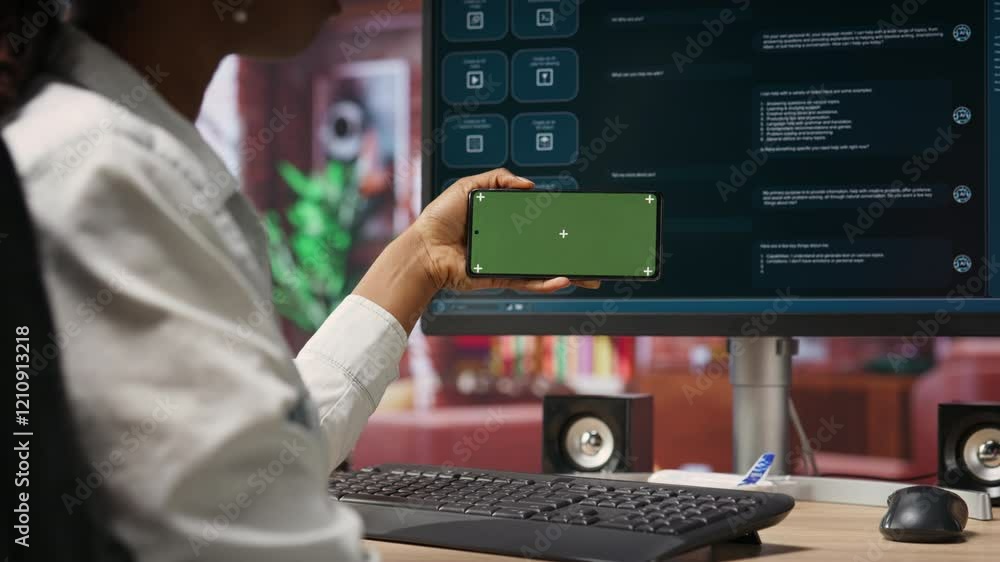 Poster woman seated at desk using isolated screen mobile phone to follow tutorial on ai llm chatbot softwar