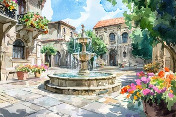Watercolor illustrations historic city squares with fountains and surrounding floral decorations.