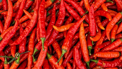 Vibrant red chili peppers stacked with a green stem