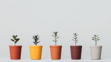 Fototapeta premium Five small plants in colorful pots showing growth stages against a white background.
