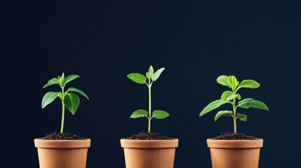 Fototapeta premium Four potted plants showing growth stages against dark background.