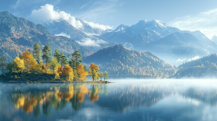 Obraz premium Autumnal island lake, mountain backdrop, sunrise mist, scenic view, nature postcard