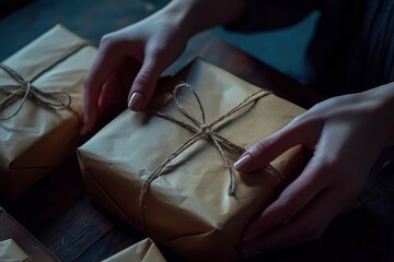 Close up on female hands packing presents for christmas, birthday, mother's day or valentine.