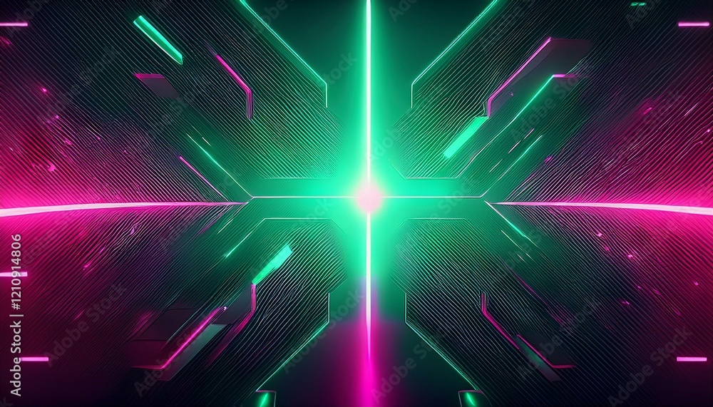 Poster dark gradient futuristic cyberpunk background with greenish and pink glowing light in the middle. ge