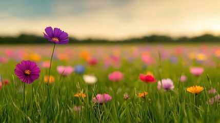 Obraz premium Field of Dreams: A vibrant field bursts with color, a symphony of blooming wildflowers painted across a verdant canvas. The sun bathes the scene in a warm glow.